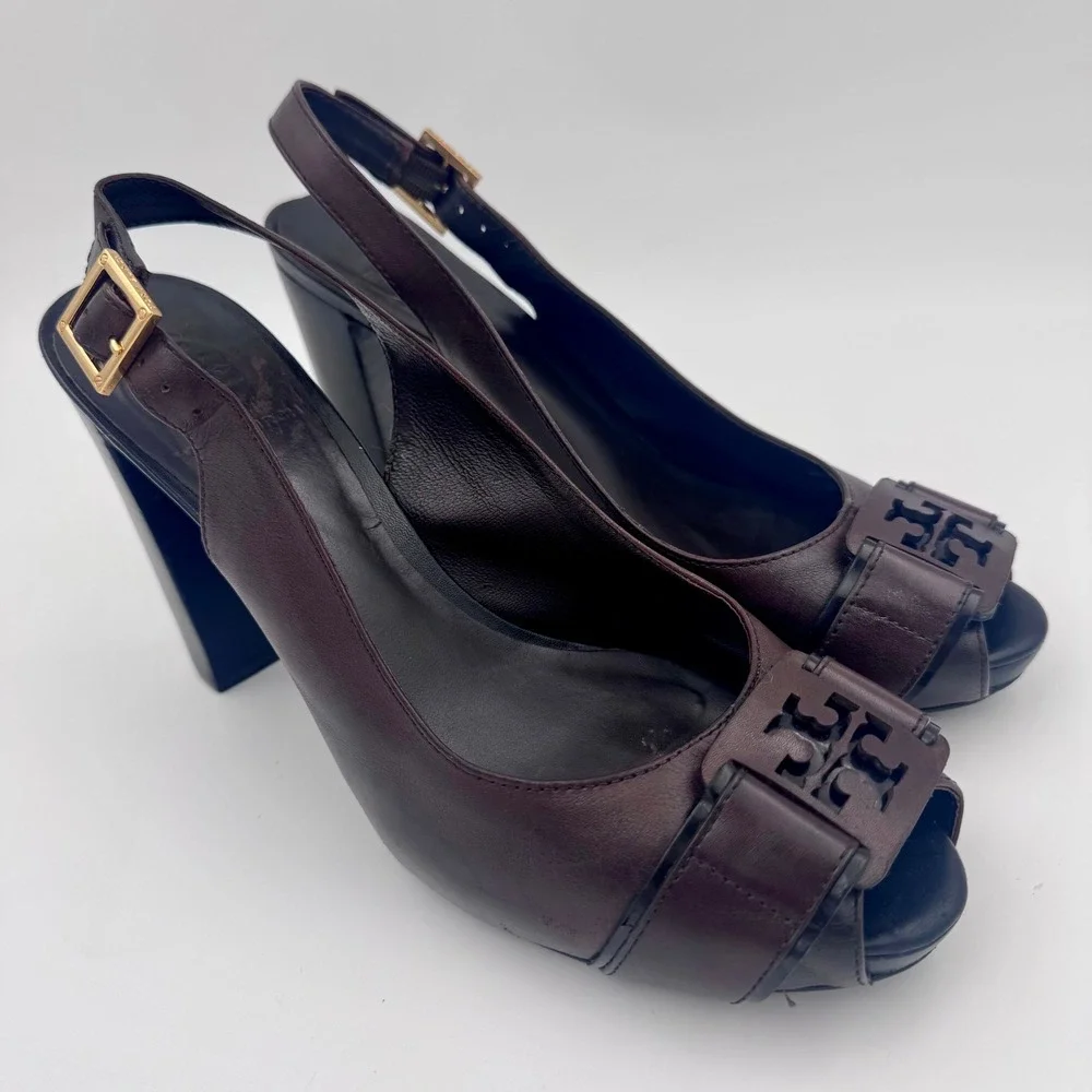 Tory Burch Dark Brown Leather Peep Toe 8M Slingback Block Heel Pumps